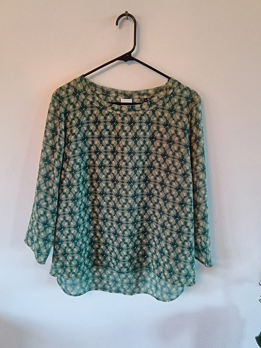 Cabi Sheer Teal Floral Geometric Blouse Boho Career Casual Top Large LG